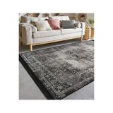 RealHomes Gri Zemin Damask Motifli Kilim Desenli Eskitme Motif Etnik Motifli Salon Kaymaz Taban Saçaklı Halı HaliDik-Deluxe-11026, 80 x 150
