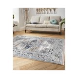 RealHomes Gri Zemin Retro Motifli Dokuma Halı Desenli Etnik Motifler Eskitme Motifli Salon Kaymaz Saçaklı Halı HaliDik-Deluxe-11534, 80 x 120