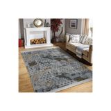 RealHomes Gri Zeminde Eskitme Motifli Kanvas Desenli Eskitme Motifli Vintage Salon Kaymaz Taban Saçaklı Halı HaliDik-Deluxe-11601, 80 x 150