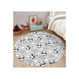 RealHomes Gri Zeminde Küçük Panda Çocuk & Genç Odası Makinede Yıkanabilir Kaymaz Tabanlı Yuvarlak Kadife Halı HaliYuv-Comfort-1125, 150 x 150
