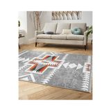 RealHomes Gri Zeminde Yöresel Motifli Antik Desenli Vintage Etnik Motifler Salon & Oturma Odası Saçaklı Halı HaliDik-Deluxe-12063, 80 x 250