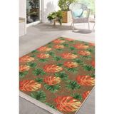 RealHomes Hasır Zeminde Egzotik Yapraklar Motifli Turuncu Ve Yeşil Lotus Desenli Floral Summersaçaklı Halı HaliDik-Deluxe-12310, 80 x 120