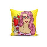 RealHomes K3287 Sarı Zeminli Popart Girl Desenli Dekoratif Kırlent Kılıfı