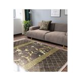 RealHomes Kahve - Gold Zeminde Mermer Motifli Eskitme Desenli Geometrik Klasik Ofis Kaymaz Taban Saçaklı Halı HaliDik-Deluxe-11700, 80 x 150