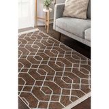 RealHomes Kahverengi - Beyaz Zeminde Geometrik Motifli Etnik Desenli Geometrik Salon Kaymaz Taban Saçaklı Halı HaliDik-Deluxe-12041, 150 x 200