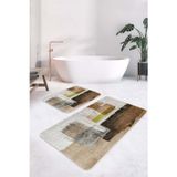 Realhomes Kahverengi ve Gri Soyut Geometrik Desenli 2'li Kaymaz Taban Yıkanabilir Banyo Paspas Takımı
