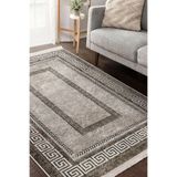 RealHomes Kahverengi Zeminde Çerçeveli Motifli Antik Desenli Klasik Vintage Salon Kaymaz Taban Saçaklı Halı HaliDik-Deluxe-11400, 80 x 250