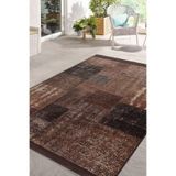 RealHomes Kahverengi Zeminde Patchwork Motifli Yöresel Desenli Vintage Oturma Odası Yatak Odası Saçaklı Halı HaliDik-Deluxe-11179, 80 x 150