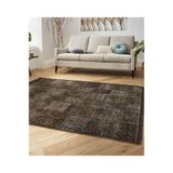RealHomes Kahverengi Zeminde Patchwork Motifli Yöresel Desenli Vintage Oturma Odası Yatak Odası Saçaklı Halı HaliDik-Deluxe-11182, 100 x 120