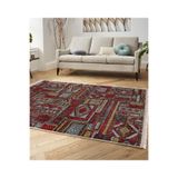 RealHomes Kırmızı Kahverengi Zemin Patchwork Motifli Otantik Desenli Etnik Motifler Salon Kaymaz Saçaklı Halı HaliDik-Deluxe-11951, 80 x 200