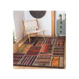 RealHomes Kırmızı Zemin Patchwork Motifli Etnik Desenli Vintage Klasik Oturma Odası Kaymaz Taban Saçaklı Halı HaliDik-Deluxe-11181, 80 x 200