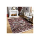 RealHomes Kırmızı Zeminde Dokuma Halı Motifli Kilim Desenli Etnik Motifler Salon Kaymaz Taban Saçaklı Halı HaliDik-Deluxe-11553, 80 x 150