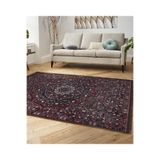 RealHomes Kırmızı Zeminde Hereke Motifli Kilim Desenli Etnik Motifler Oturma Odası Kaymaz Taban Saçaklı Halı HaliDik-Deluxe-11967, 100 x 100