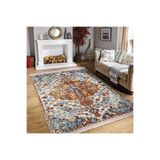RealHomes Kırmızı Zeminde Kilim Motifli Iran Desenli Eskitme Motifli Avangarde Salon Kaymaz Taban Saçaklı Halı HaliDik-Deluxe-11313, 80 x 150