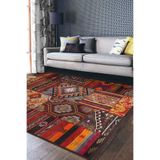 RealHomes Kırmızı Zeminde Patchwork Motifli Geleneksel Desenli Etnik Motifler Klasik Salon Kaymaz Saçaklı Halı HaliDik-Deluxe-11116, 80 x 400