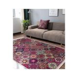 RealHomes Kırmızı Zeminde Patchwork Motifli Geometrik Vintage Koridor & Antre Kaymaz Taban Saçaklı Halı HaliDik-Deluxe-11925, 100 x 200