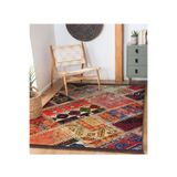 RealHomes Kırmızı Zeminde Patchwork Motifli Kırkyama Desenli Vintage Etnik Motifler Salon Kaymaz Saçaklı Halı HaliDik-Deluxe-11261, 80 x 150