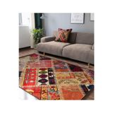 RealHomes Kırmızı Zeminde Patchwork Motifli Vintage Etnik Motifler Salon Kaymaz Taban Saçaklı Halı HaliDik-Deluxe-11108, 80 x 200