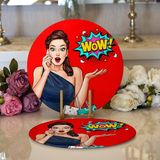 RealHomes Kırmızı Zeminli Popart Wow Desenli Modern 2 1 Yuvarlak Servis Altlığı Supla