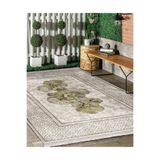 RealHomes Krem - Gold Zeminde Altık Çiçek Motifli Çerçeve Desenli Vintage Mutfak Kaymaz Taban Saçaklı Halı HaliDik-Deluxe-11895, 80 x 120