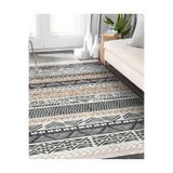 RealHomes Krem Gri Zeminde Iskandinav Motifli Kilim Desenli Geometrik Etnik Motifler Kaymaz Taban Saçaklı Halı HaliDik-Deluxe-11814, 80 x 150