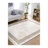 RealHomes Krem Kahve Zemin Çerçeveli Motifli Antika Desenli Geometrik Eskitme Motif Salon Kaymaz Saçaklı Halı HaliDik-Deluxe-12054, 80 x 150