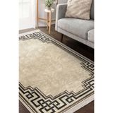 RealHomes Krem Kahverengi Zeminde Çerçeveli Motifli Klasik Desenli Geometrik Vintage Salon Kaymaz Saçaklı Halı HaliDik-Deluxe-11576, 160 x 230