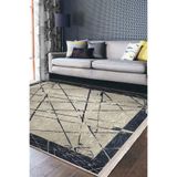 RealHomes Krem - Mavi Zeminde Çerçeveli Motifli Çizgi Desenli Eskitme Motifli Salon Kaymaz Taban Saçaklı Halı HaliDik-Deluxe-11420, 80 x 150