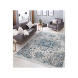 RealHomes Krem - Mavi Zeminde Göbekli Halı Motifli Dokuma Desenli Vintage Avangarde Salon Kaymaz Saçaklı Halı HaliDik-Deluxe-11193, 80 x 300