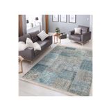 RealHomes Krem - Mavi Zeminde Patchwork Motifli Vintage Klasik Oturma Odasıkaymaz Taban Saçaklı Halı HaliDik-Deluxe-11161, 80 x 400