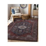 RealHomes Lacivert Kırmızı Zemin Uşak Motifli Yöresel Desenli Etnik Motifler Vintage Salon Kaymaz Saçaklı Halı HaliDik-Deluxe-11520, 100 x 150