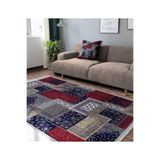 RealHomes Lacivert - Kırmızı Zeminde Patchwork Motifli Kilim Desenli Vintage Koridor Yatak Odası Saçaklı Halı HaliDik-Deluxe-11941, 150 x 200