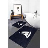 Realhomes Lacivert Zemin Çapa & Kayık Motifli 2'li Kaymaz Tabanlı Banyo & Mutfak Paspas Takımı