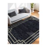 RealHomes Lacivert Zemin Çerçeveli Motifli Rustik Desenli Geometrik Avangarde Salon Kaymaz Taban Saçaklı Halı HaliDik-Deluxe-11984, 80 x 300