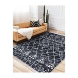 RealHomes Lacivert Zemin Etnik Motifli Otantik Desenli Etnik Motif Geometrik Salon Kaymaz Taban Saçaklı Halı HaliDik-Deluxe-11331, 80 x 400