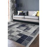 RealHomes Lacivert Zeminde Geometrik Motifli Patchwork Desenli Geometrik Sade & Şık Salon Kaymaz Saçaklı Halı HaliDik-Deluxe-11949, 80 x 100