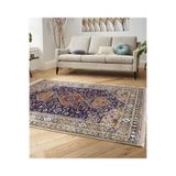 RealHomes Lacivert Zeminde Uşak Motifli Kilim Desenli Avangarde Vintage Yatak Odası Kaymaz Taban Saçaklı Halı HaliDik-Deluxe-11486, 80 x 200