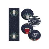 RealHomes Lacivert Zeminli Happy New Year Tasarımlı Dijital Baskılı 4 Yuvarlak Kırlent 1 Runner Seti