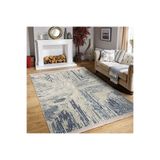 RealHomes Mavi Bej Zemin Dokuma Halı Motifli Eskitme Desenli Geometrik Salon Kaymaz Taban Saçaklı Halı HaliDik-Deluxe-11473, 120 x 120
