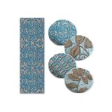 RealHomes Mavi Damask Tasarımlı 4 Yuvarlak Kırlent Kılıfı Ve 1 Runner Seti