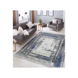 RealHomes Mavi Gri Zeminde Çerçeveli Motifli Eskitme Desenli Vintage Eskitme Motifli Salon Kaymaz Saçaklı Halı HaliDik-Deluxe-11449, 80 x 400
