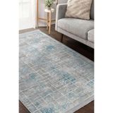 RealHomes Mavi - Gri Zeminde Geometrik Motifli Eskitme Desenli Geometrik Eskitme Motifli Salon Saçaklı Halı HaliDik-Deluxe-11464, 180 x 180