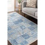 RealHomes Mavi - Gri Zeminde Örgü Motifli Patchwork Desenli Eskitme Motifli Koridor & Antre Saçaklı Halı HaliDik-Deluxe-11929, 80 x 300