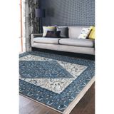RealHomes Mavi - Krem Zeminde Iran Motifli Dokuma Desenli Avangarde Salon & Salon & Kaymaz Taban Saçaklı Halı HaliDik-Deluxe-11965, 80 x 200