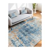 RealHomes Mavi - Krem Zeminde Örme Motifli Kilim Desenli Eskitme Motifli Vintage Antre Mutfak Saçaklı Halı HaliDik-Deluxe-11936, 80 x 150