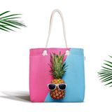 RealHomes Mavi Pembe Ananas Desenli Modern Fermuarlı Kumaş Çanta