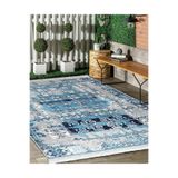 RealHomes Mavi Zemin Retro Motifli Etnik Desenli Vintage Eskitme Motifli Salon Dış Mekan Outdoor Saçaklı Halı HaliDik-Deluxe-11527, 80 x 120