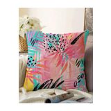RealHomes Mavi Zemin Üzerinde Pembe Yaprak Motifli Modern Çift Taraflı Raşel Örme Yastık Kılıfı, Sonil-K5256-43x43cm