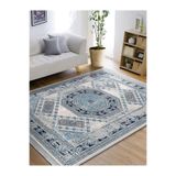 RealHomes Mavi Zeminde Dokuma Halı Motifli Vintage Eskitme Motifli Salon Kaymaz Taban Saçaklı Halı HaliDik-Deluxe-11525, 80 x 150