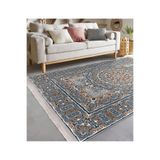 RealHomes Mavi Zeminde Hereke Motifli Kilim Desenli Etnik Motifler Avangarde Salon Kaymaz Taban Saçaklı Halı HaliDik-Deluxe-11971, 80 x 350